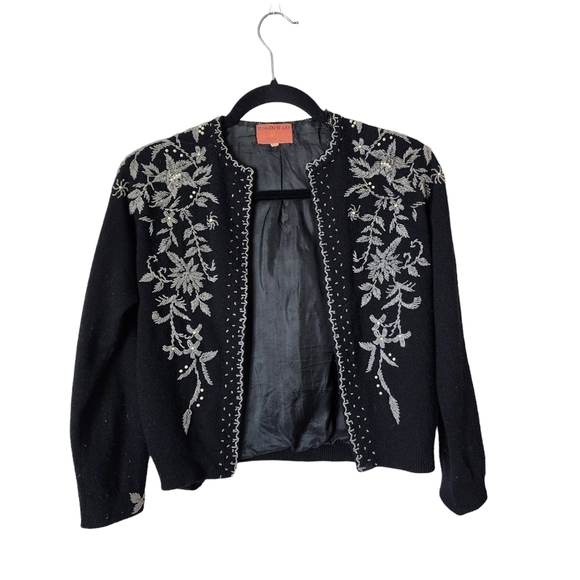 MOHANS LDT x VINTAGE 50's wool cardigan sweater beaded in black - Picture 1 of 13